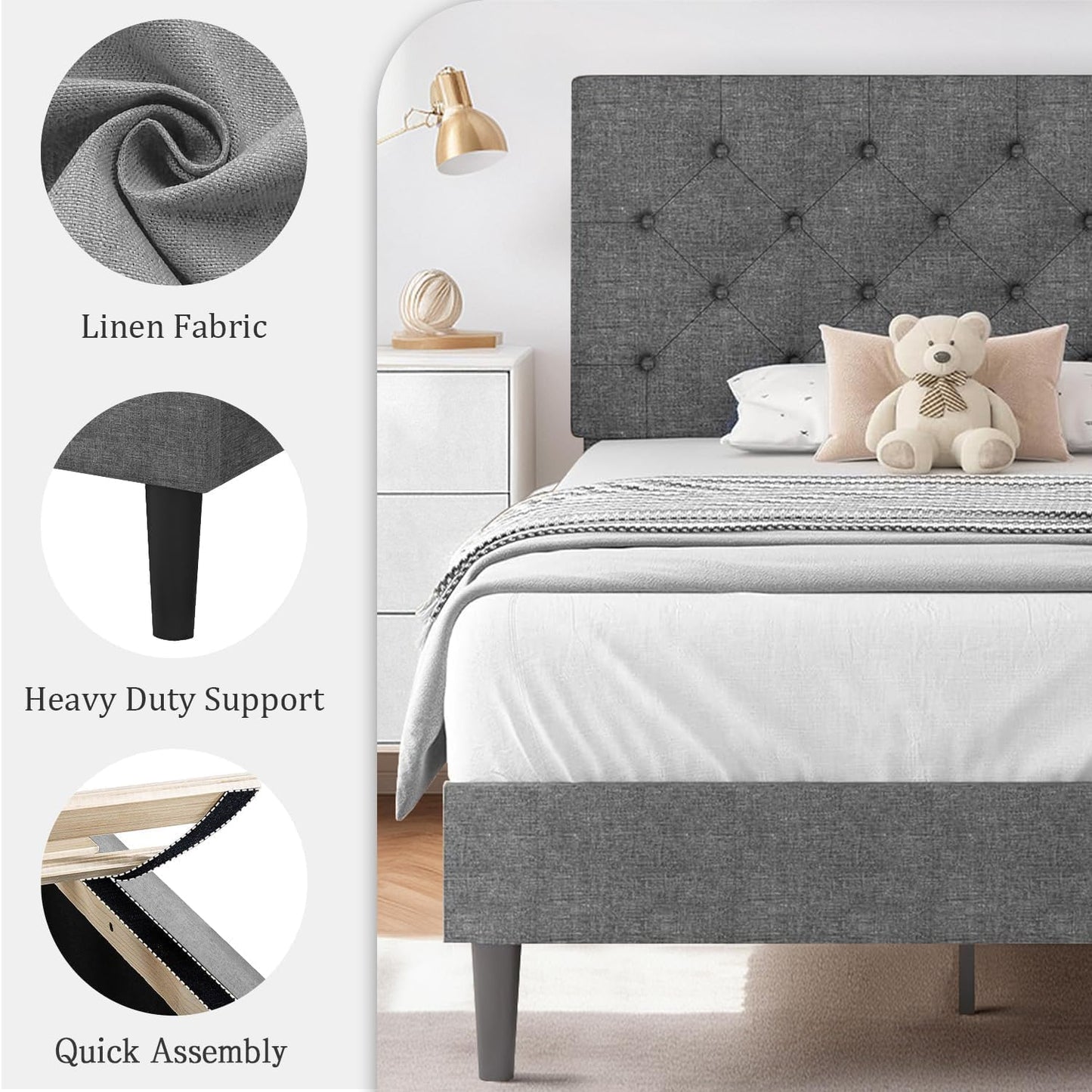 HOMBCK Twin Size Bed Frame, Gray Linen Fabric Upholstered Bed Frame with Headboard, Twin Bed Frames for Kids, Wood Slats, Button Tufted, No Box Spring Needed, Light Grey