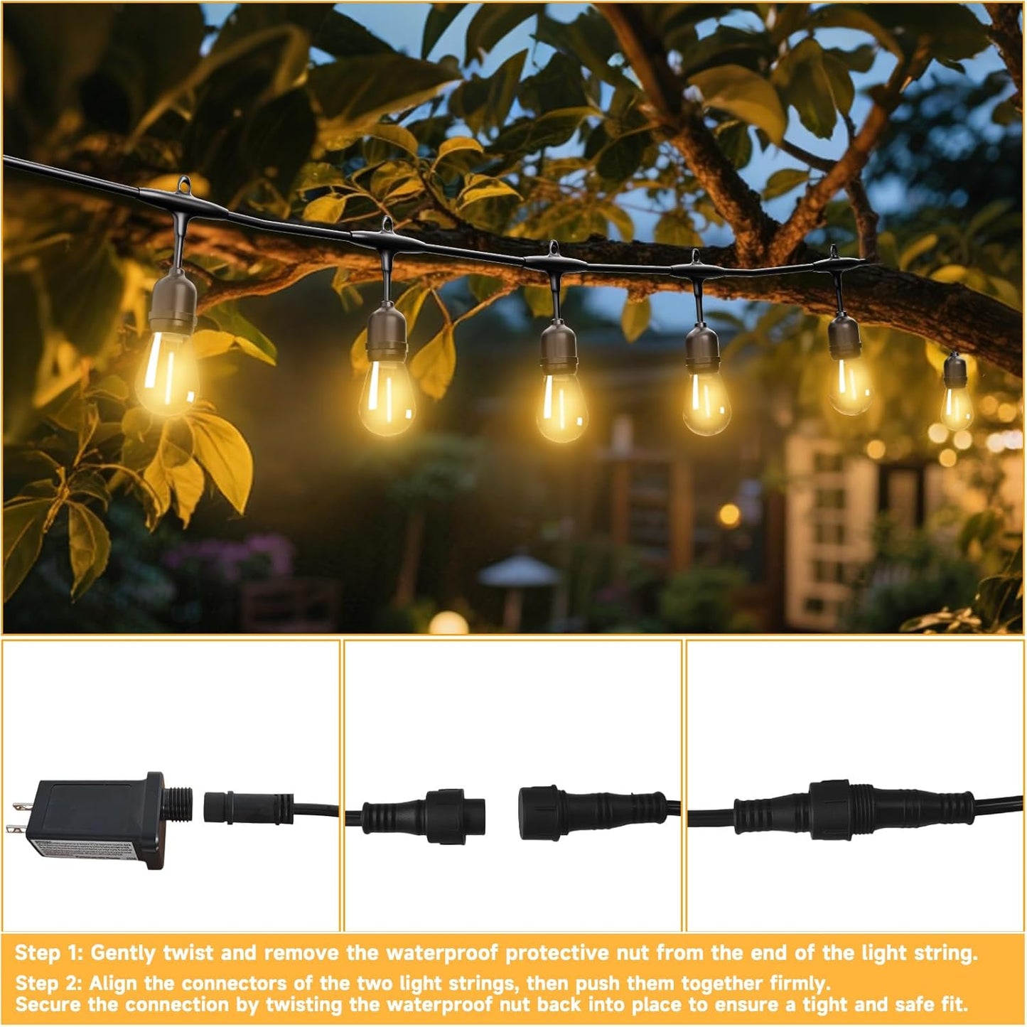 Outdoor Safety String Lights 100FT - Commercial Grade Low Voltage Strand with 40 S14 Shatterproof Bulbs for Tree Garden Yard bistro Cafe | Warm Yellow 3500K Party Lights | IP65 Waterproof | UL Listed