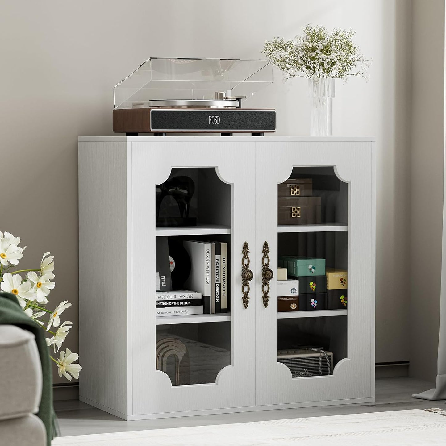 Modular Buffet Storage Cabinet, Glass 2-Door Kitchen Sideboard Buffet Console w/Adjustable Shelves, Wood Modular Organizer for Kitchen Living Room, 31.5 Inch