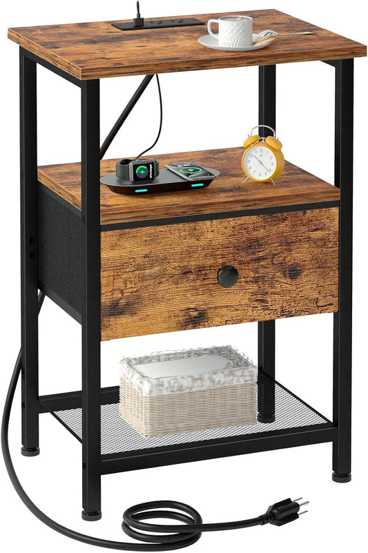 Night Stand, Nightstand with Charging Station, End Table with Storage Fabric Drawer for Bedroom, Small Bed Side Table with USB Ports and Outlets for Living Room, Brown, HETS010BR-1