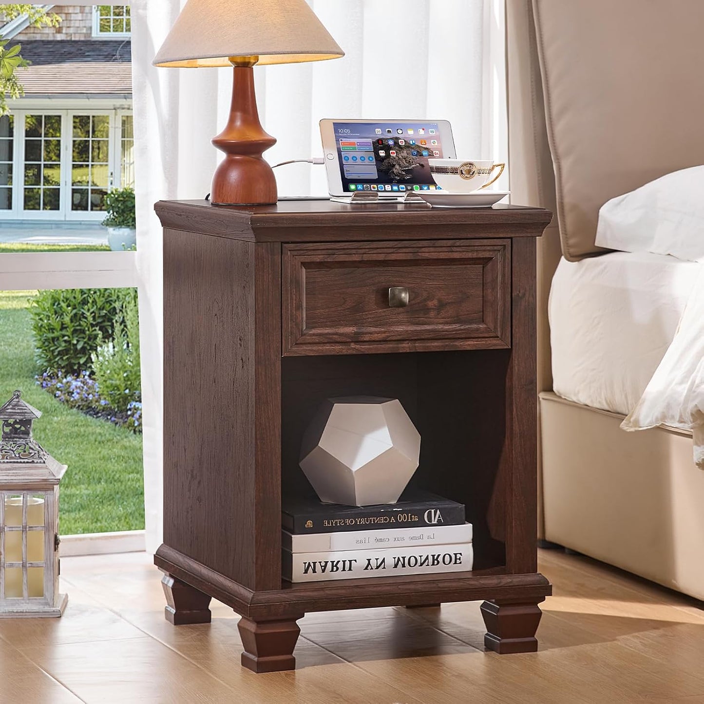 Farmhouse End Tables Living Room Set of 2, Rustic Wood Nightstand with 1 Drawer, Brown Bedside Table with Open Shelf for Bed Room, Side Tables for Living Room, Walnut