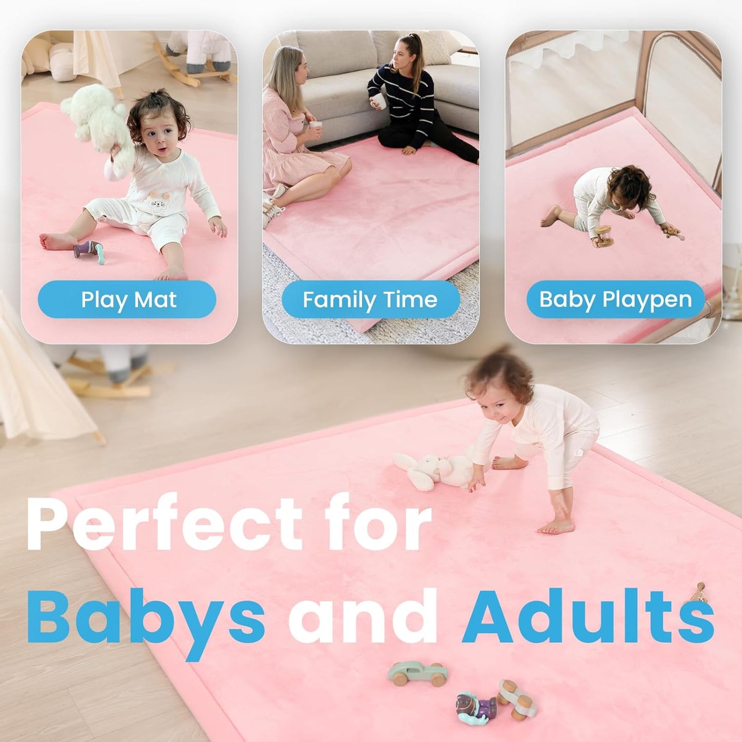 1.3" Thick Baby Play Mat for Floor Playpen, 71x59 Large Foam Tummy Time Mat, Padded Support Soft Plush Nursery Rug for Infant Kids Toddler Crawling Kick Activity (Pink)