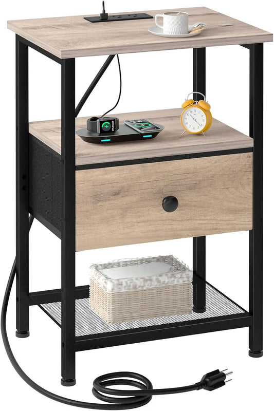 Night Stand, Nightstand with Charging Station, End Table with Storage Fabric Drawer for Bedroom, Small Bed Side Table with USB Ports and Outlets for Living Room, Grey, HETS010GY-1