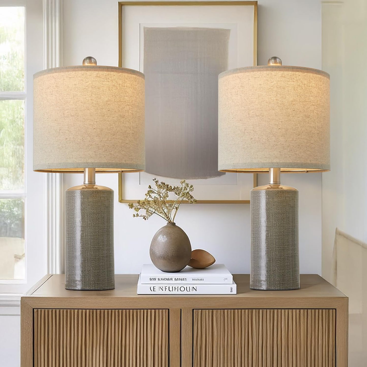 20.25/inch Modern Ceramic Table lamp Set of 2 Small Farmhouse Bedside lamp Dark Grey Nightstand Lamp End Table Lamps for Living Room Bedroom Study Office AMZ-T1109DG0