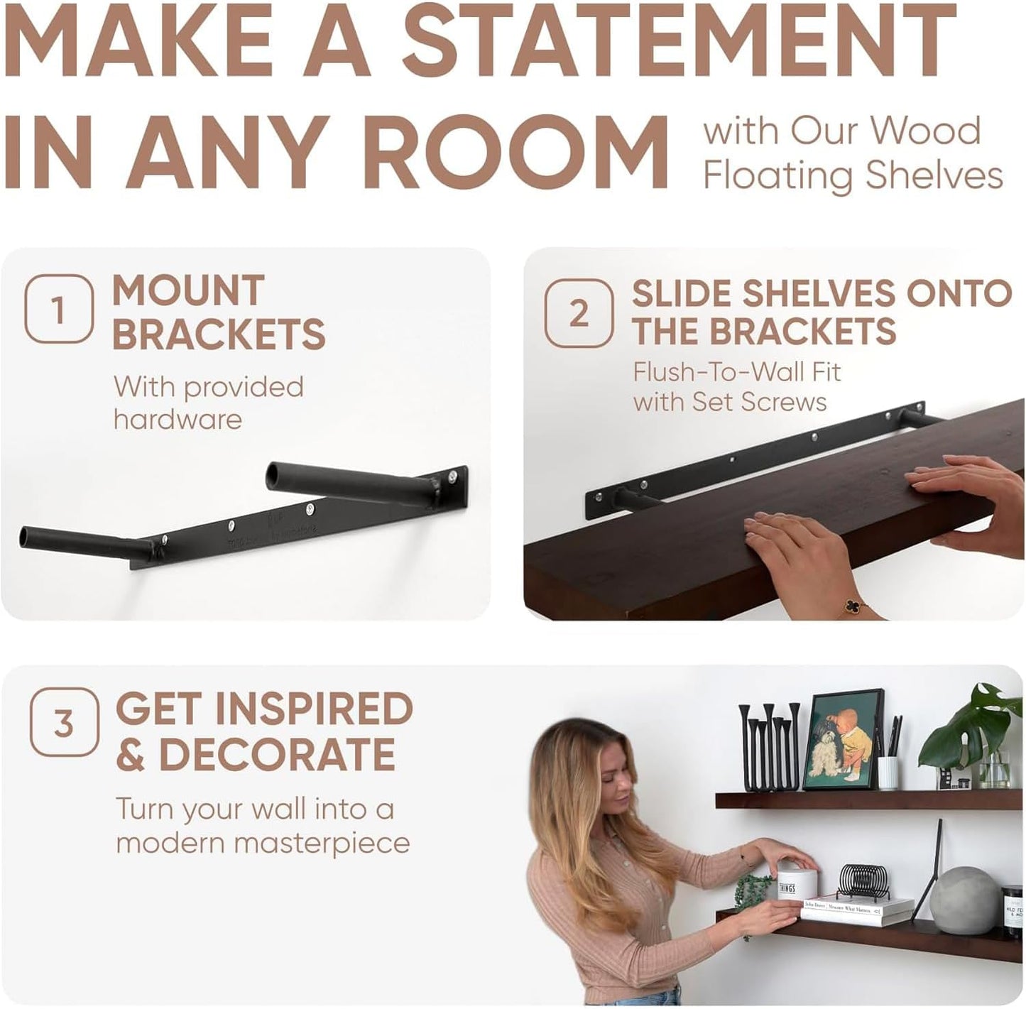 Homeforia Walnut 42 inch Floating Shelves, High End Solid Real Wood 42inch Floating Shelf for Wall, Large Dark Brown 42 inches Long Floating Shelves, Heavy Duty Bracket, 42 X 6.5 X 1.75 inch, Set of 3