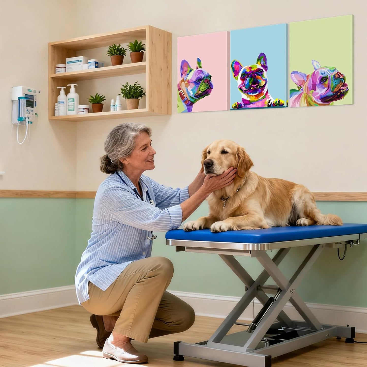 3 Piece French Bulldog Wall Art Dog Canvas Wall Art - French Bulldog Painting with Built-in Wooden Frame (24x36x3 inches) - Lightweight & Ready to Hang, for Living Room, Animal Wall Decor for Pet Shop & Pet Hospital