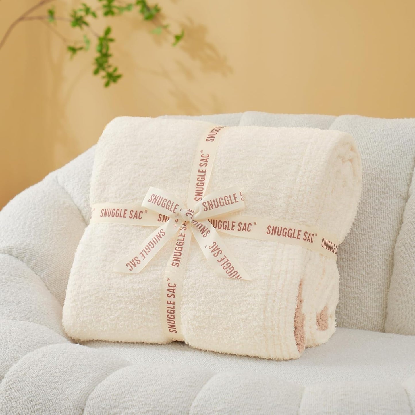 Snuggle Sac Cream Throw Blanket for Couch Bed Sofa 60x80 inches, Reversible Cream Blanket Microfiber Fluffy Fuzzy Cozy Knit Twin Blanket for Women Mothers Birthday Gifts