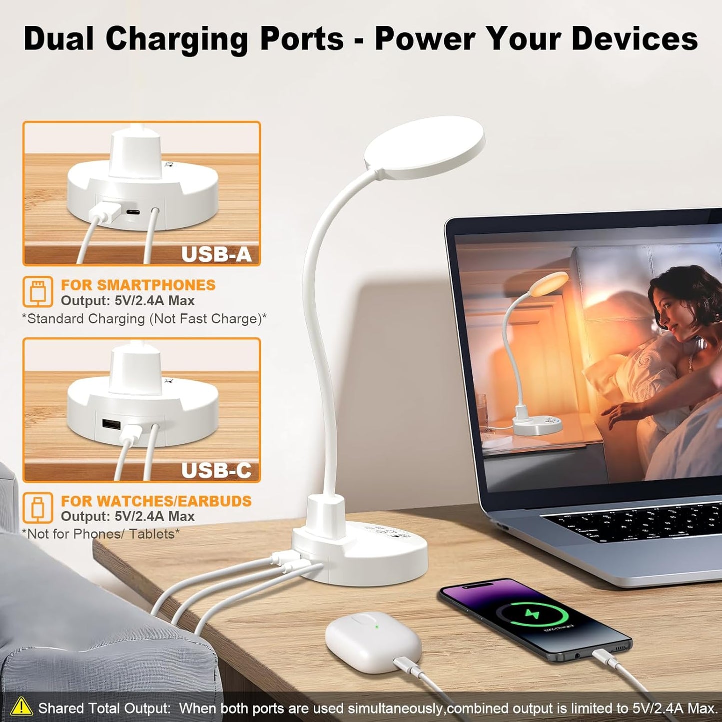 15W LED Desk Lamp with USB Charging Ports – Dimmable Table Lamp with 3 Color Temps, 5 Brightness, 4 Timers, Flexible Gooseneck Light with Base, Eye-Caring Reading Light for Home Office, Bedroom, Study