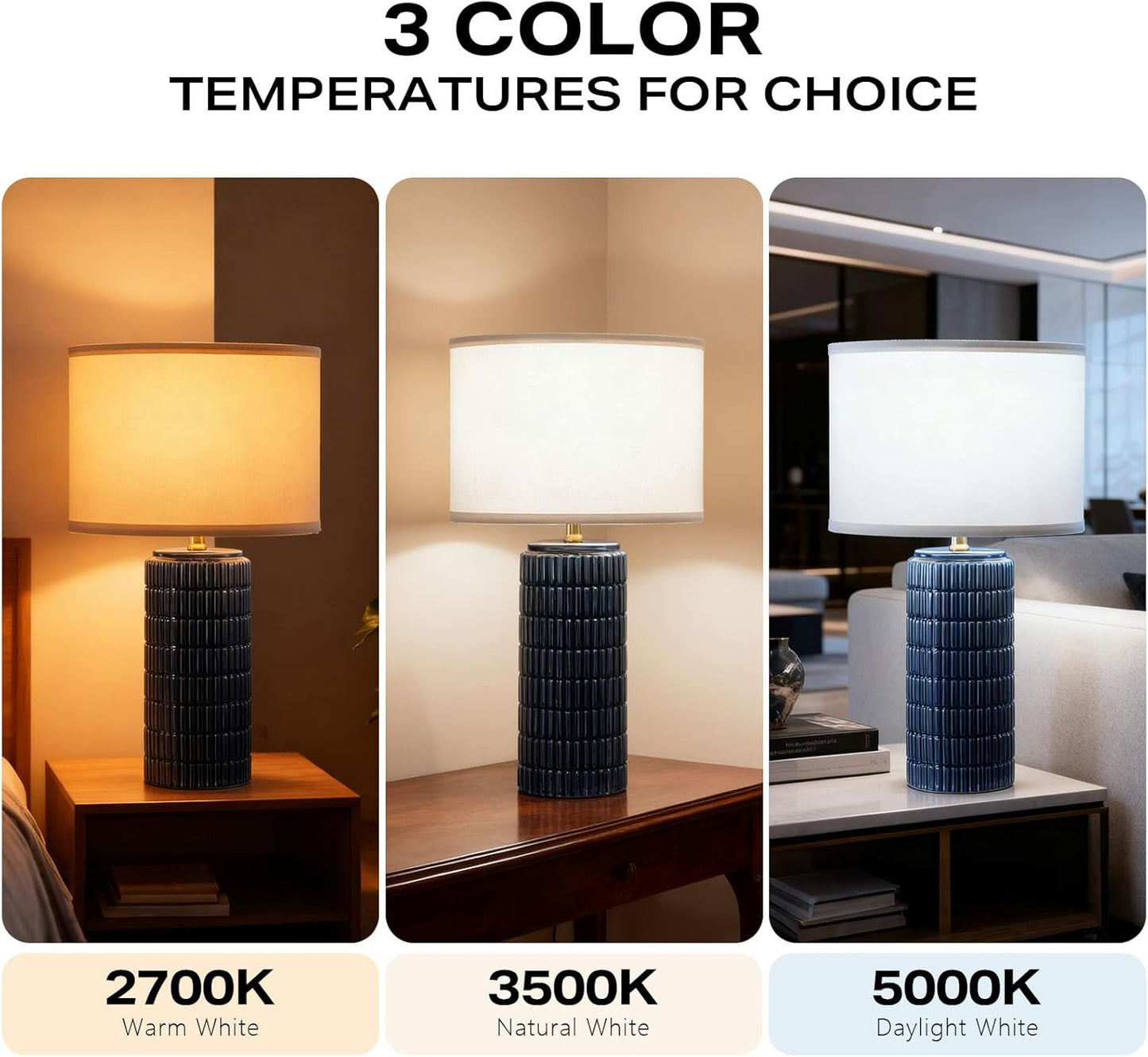 Modern Ceramic Table Lamp Set of 2, Bedside Lamp for Bedroom Decor, Nightstand Lamp with 3 Color Temperatures, Desk Light for Living Room Dorm Office, Blue