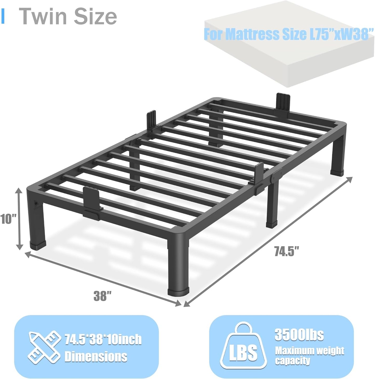 10 inch Twin Bed Frame with Round Corner Legs Mattress Slide Stopper,Low Profile Heavy Duty Metal Platform,No Box Spring Needed,Steel Slat Support,Easy Assembly,Noise Free