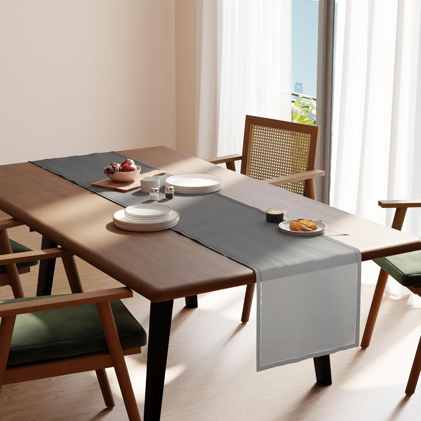 Encasa Homes 100% Cotton Hemstitched Table Runner for 8 Seater Dining of Size 16 x 90 inch - Grey | Decorative Cloth for Party, Home, Cafes, Restaurant & Hotels - Machine Washable
