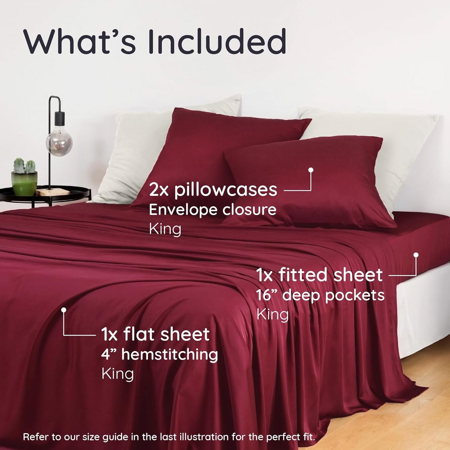 Bambaw 100% Viscose Derived from Bamboo King Size Sheet Set - 4pcs Super Soft & Cooling Sheets, Luxury Sheets King Size Deep Pocket, Fits Up to 16'' Mattresses with Elastic Corner Straps (Burgundy)