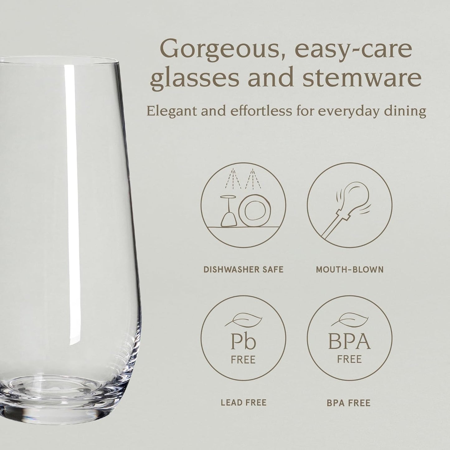 over&back 19oz Traditional Glassware - Set of 4 Classic Stemless Drinking Glasses for Parties, Get-togethers, and More - Mouth-Blown - Wine Cups for Kitchen and Dining Room - Clear, Water (19oz)