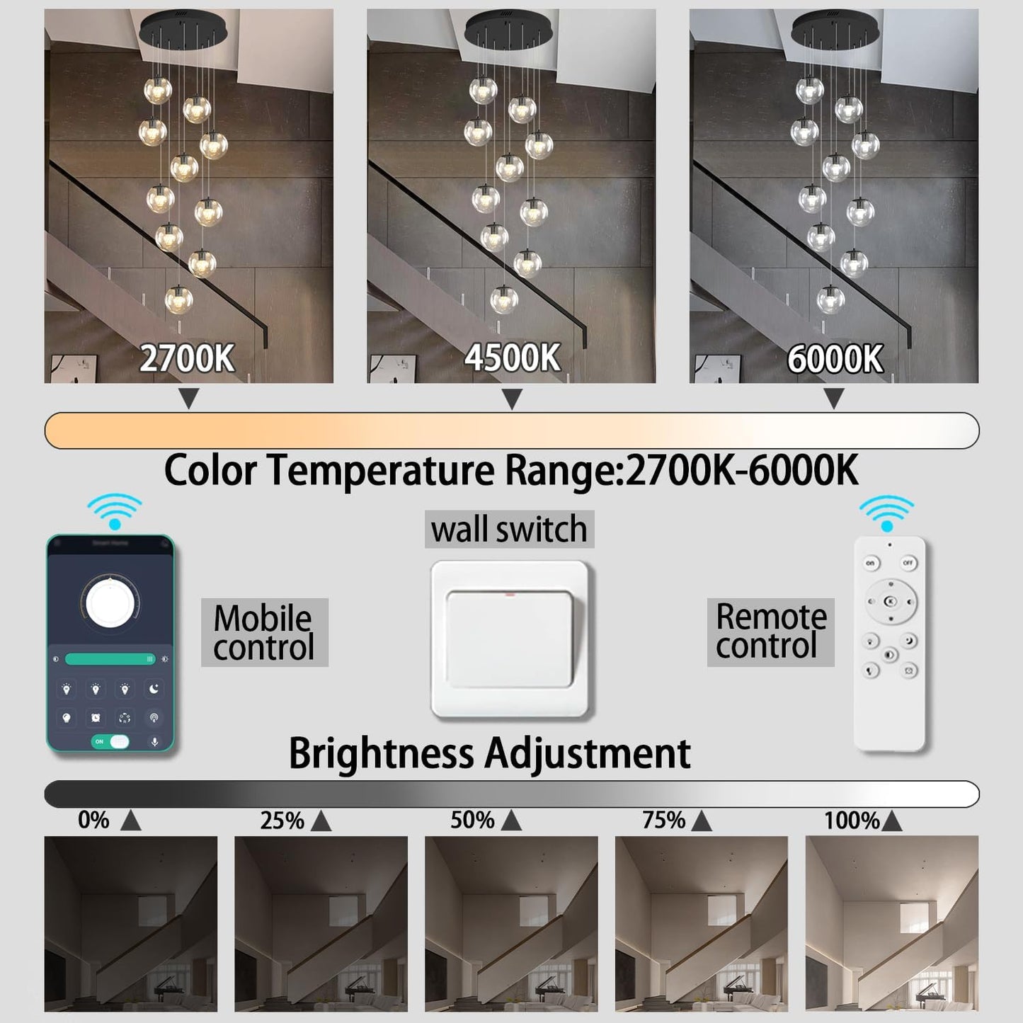 10-Light LED Staircase Modern Glass Globe Pendant Light Large Chandeliers for High Ceilings, Entryway Lighting Fixture Villas and Stairs