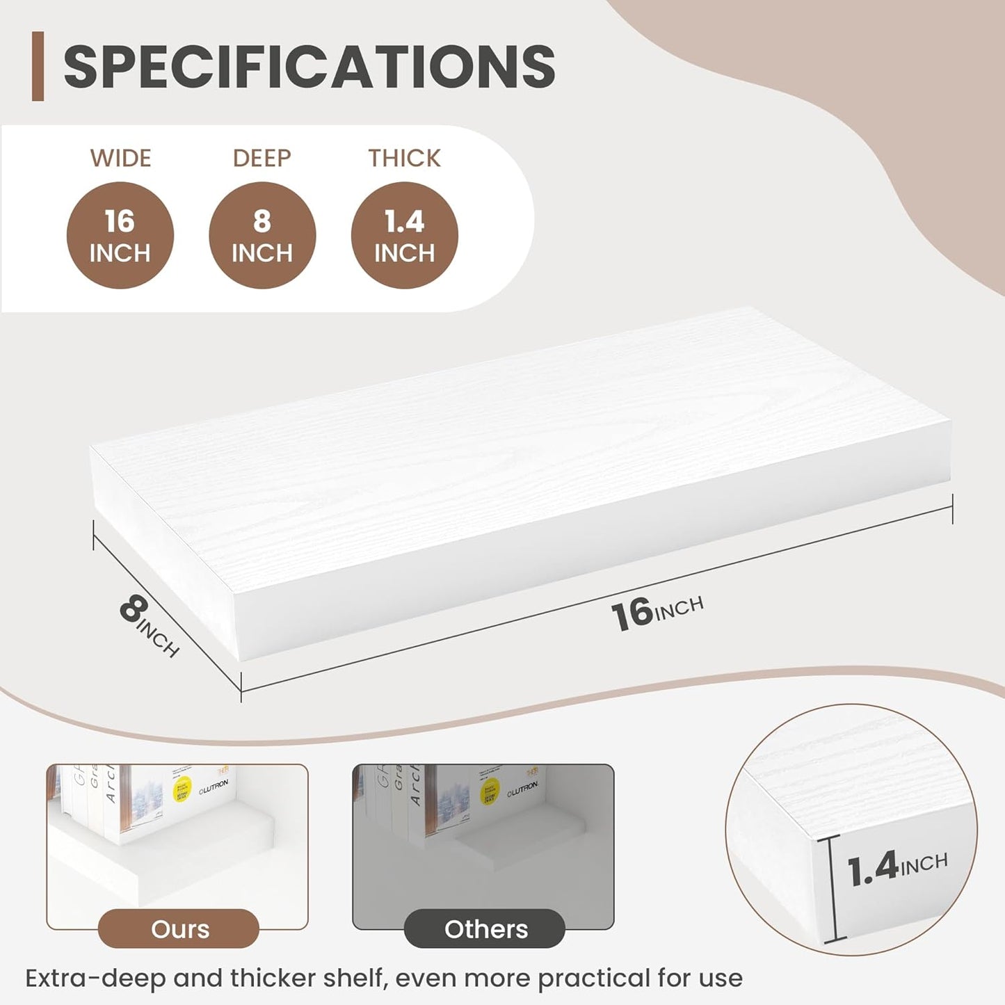 16 Inch Floating Shelves, 8 Inch Deep Floating Shelves for Wall, Hanging Shelf with Invisible Brackets, Deep Shelves for Bathroom, Bedroom, Living Room, White, Set of 2