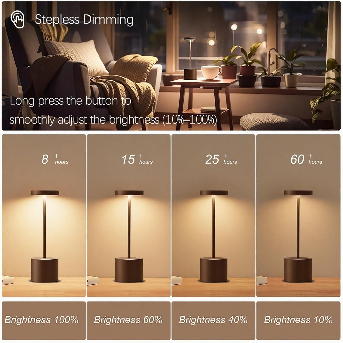 2 Pack Cordless Rechargeable Table Lamp, 3 Color Temperature & Dimmable, IP54 Waterproof Battery Operated Portable LED Light for Outdoor, Patio, Restaurant, Bedside, Shower (Mocha)