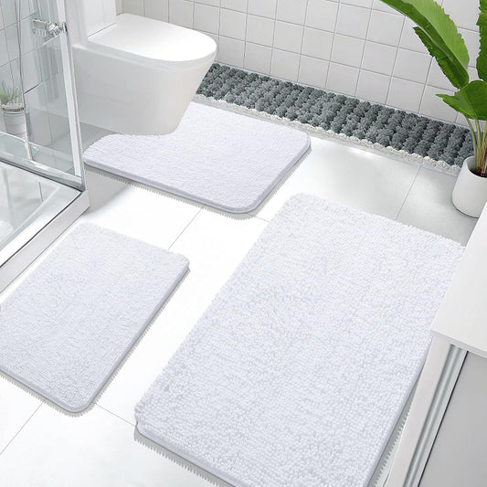OLANLY Bathroom Rugs Sets 3 Piece, Soft Absorbent Chenille Bath Mats and U-Shaped Contour Toilet Rug, Quick Dry, Home Decor Accessories, Bath Mat Set for Bathroom (36"x24"+24"x16"+24"x20", White)