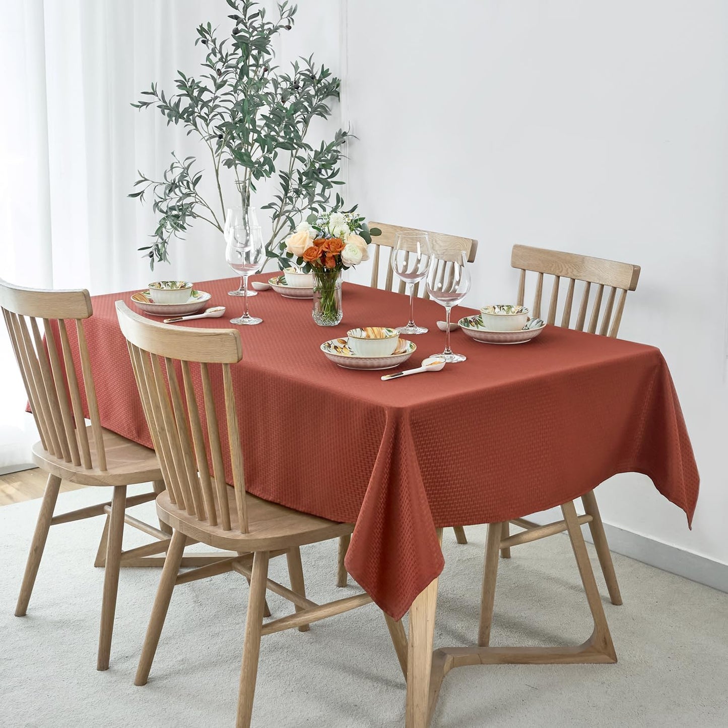 maxmill Weaved Texture Rectangular Tablecloth Water Resistance Spillproof Soft Fall Table Cloth for Dining Room, Thanksgiving Parties and Halloween Holiday Dinners, 70 x 120 Inch, Rustic Brick