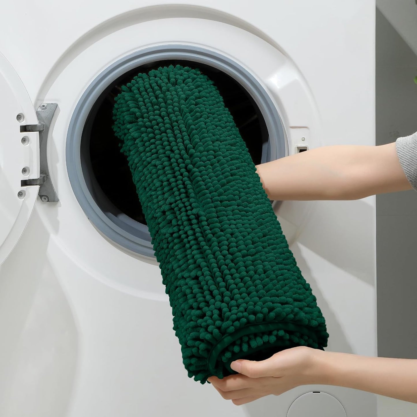 HOMEIDEAS 3 Pieces Bathroom Rugs, Ultra Soft Non Slip Absorbent Chenille Toilet Bath Mat Set (Dark Green,17"x24"+20"x32"+U Shape 20"x24")