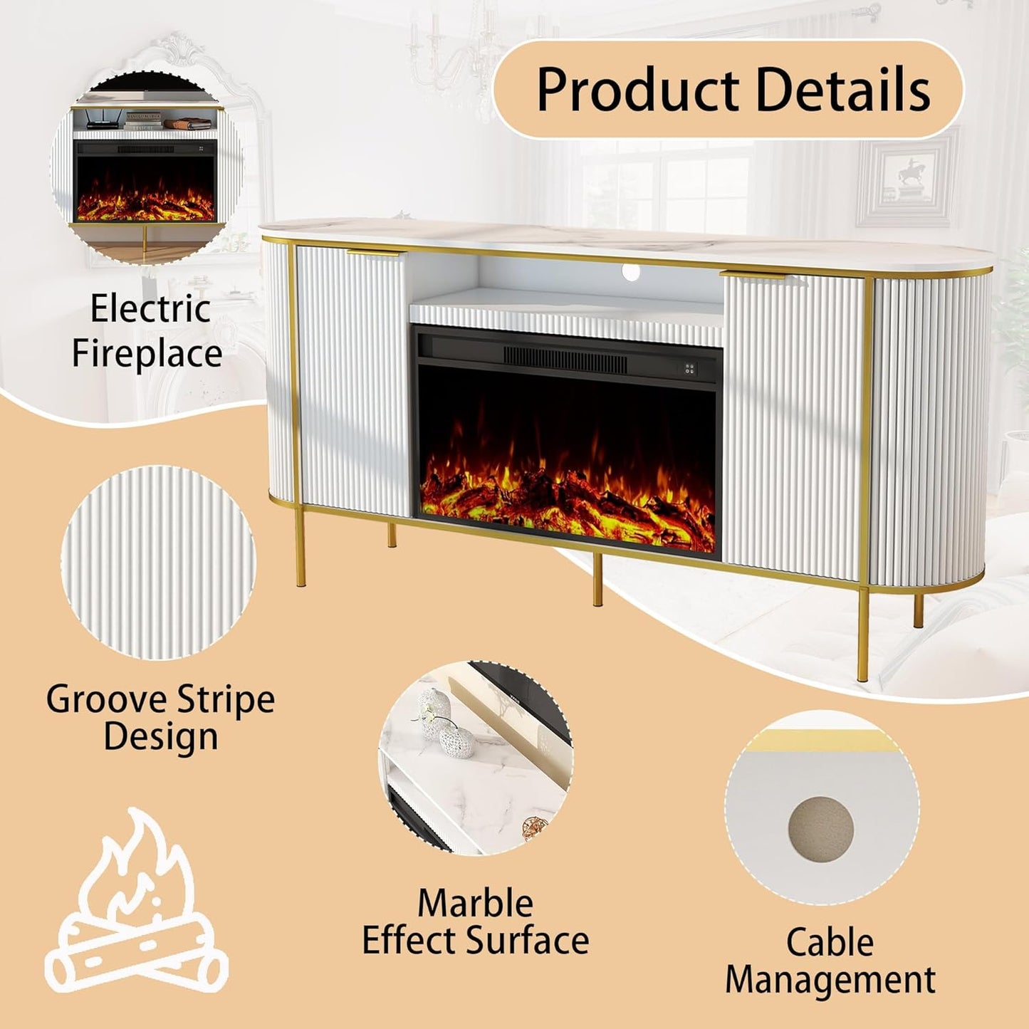 Fluted Fireplace TV Stand: 70" White Entertainment Center for 80 inch TVs with 30" Electric Fireplace, Luxury Media Console with Faux Marble Top, TV Consoles for Living Room