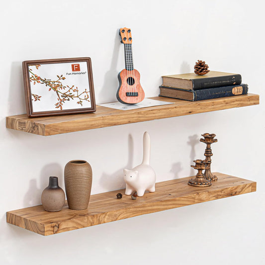 Fun Memories Floating Shelves for Wall Decor, 8" Deep Rustic Solid Elm Wood Floating Shelves Wall Mounted, Heavy-Duty Shelf with Invisible Bracket for Living Room Kitchen, 36 Inch Set of 2, Natural
