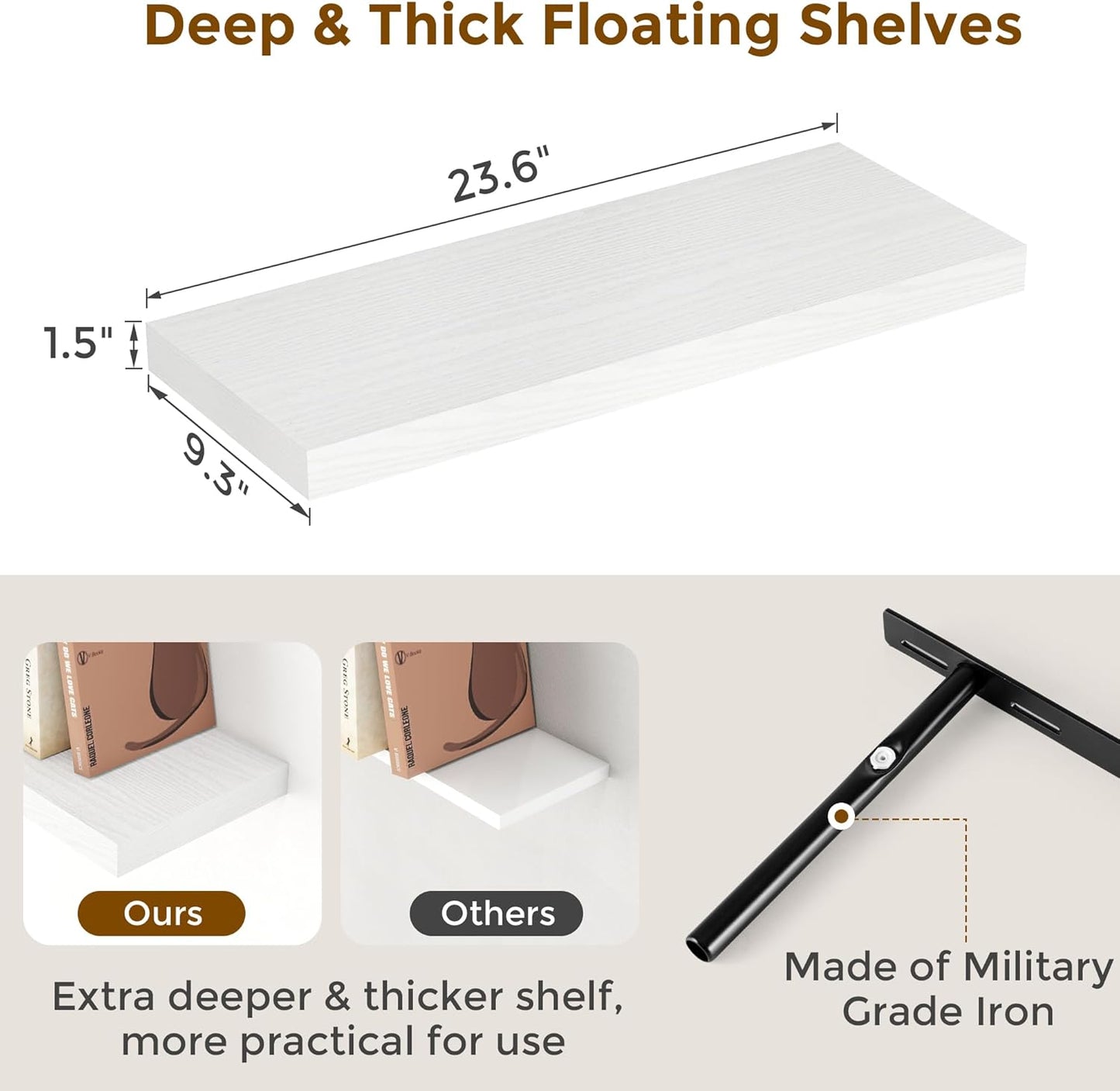 Fun Memories White Floating Shelves for Wall, 24 x 9.3 x 1.5 Large Floating Shelf Set of 2, 9.3 Deep Wall Shelf for Kitchen, Living Room, Rustic White Shelves for Home Decor & Storage