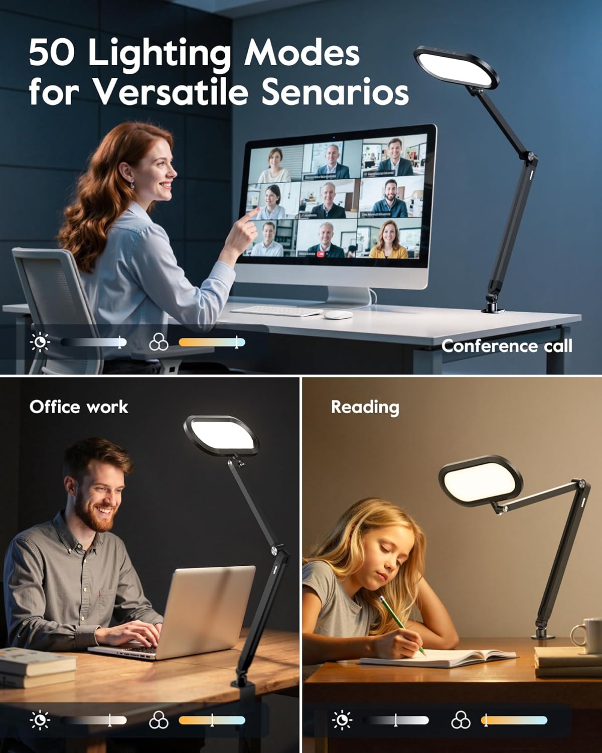 LED Desk Lamp for Home Office, Eye-Care Double-Sided Desk Light with Stepless Dimmable Knob Remote, Memory, Adjustable Arm Clip on Light for Video Recording, Zoom Call, Study, Flicker-Free, Glare-Free