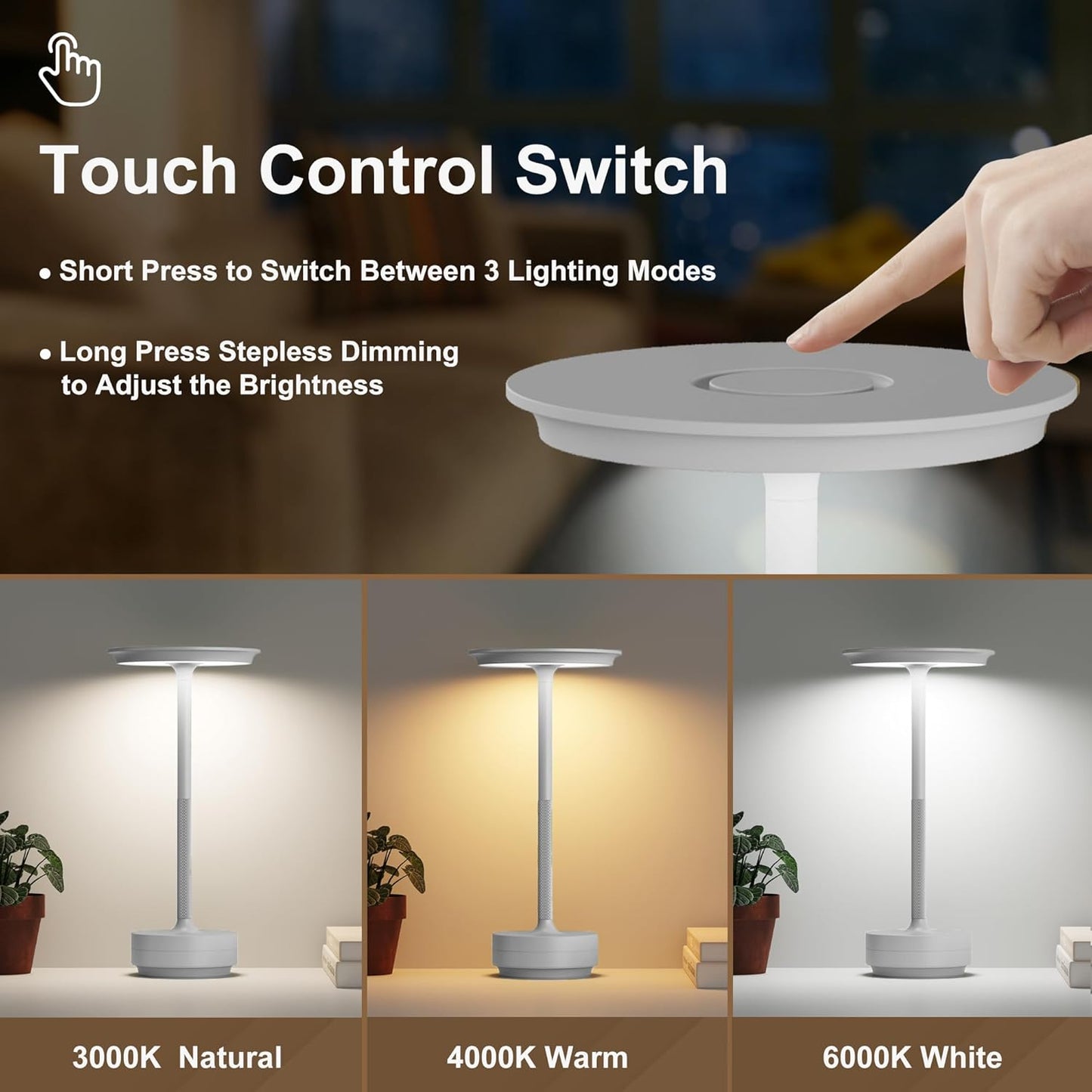 Rechargeable Cordless Table Lamp, Portable 5000mAh LED Touch Table Light, 3 Color Stepless Dimming Battery Powered Table Lamp for Outdoor/Restaurant/Patio.(Light Gray)