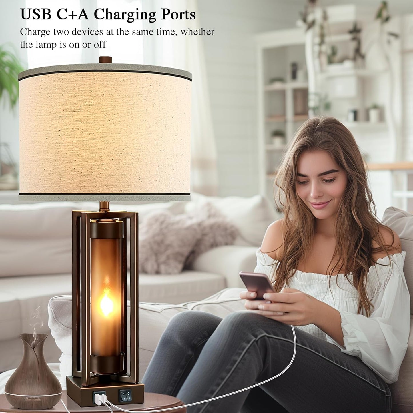 Rustic Table Lamps for Living Room with USB C+A Ports, Farmhouse Vintage Nightstand Lamp with Amber Acrylic Night Light, Retro Desk Lamp for Bedroom Entryway Dorm, 2 Bulbs Included (Brown)