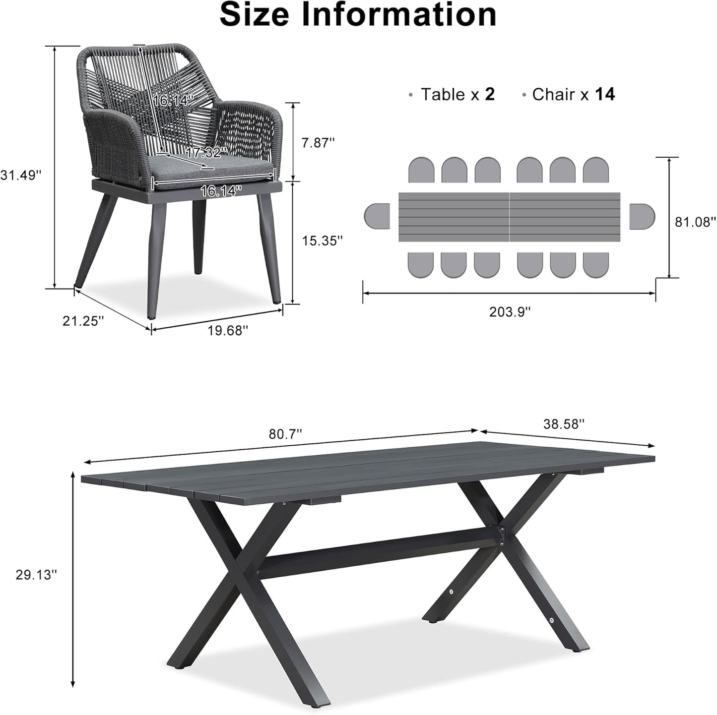 PURPLE LEAF 16 Pieces Outdoor Patio Dining Set All-Weather PE Rattan Furniture Set with All Aluminum Frame Outdoor Table and Chairs Set for 14 People Lawn Garden Backyard Deck, Grey
