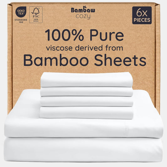 Bambaw King Size Cooling Sheets Set 6pcs - 100% Viscose Derived from Bamboo Sheets Deep Pocket, Fits Up to 16'' with Elastic Corner Straps, King Size Soft Sheets, Breathable Sheets (White)