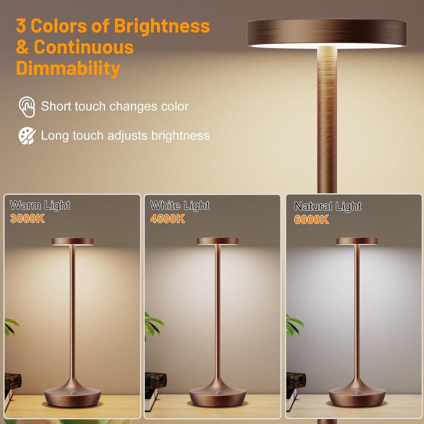Cordless Table Lamp Rechargeable - 6000mAh LED Battery Operated Table Light - Portable Touch Dimmable Outdoor Waterproof Table Lamps for Patio Bar Restaurant Dining (2 Brown)