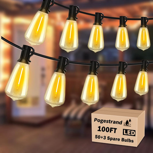 LED Outdoor String Lights 100ft ST38 Waterproof Patio Lights with 50 Vintage Shatterproof Bulbs(3 Spare), Dimmable Outside Hanging Edison String Lights for Backyard Porch Balcony Decor, Warm White