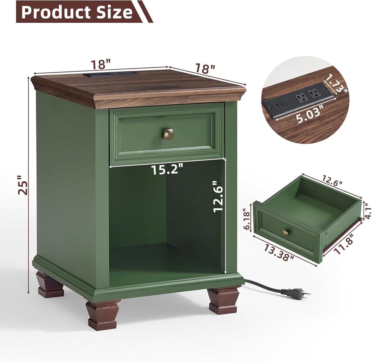 Farmhouse End Tables Living Room with Drawer, Rustic Wood Nightstand with Charging Station, Bedside Table with Open Shelf for Bed Room, Living Room, Green