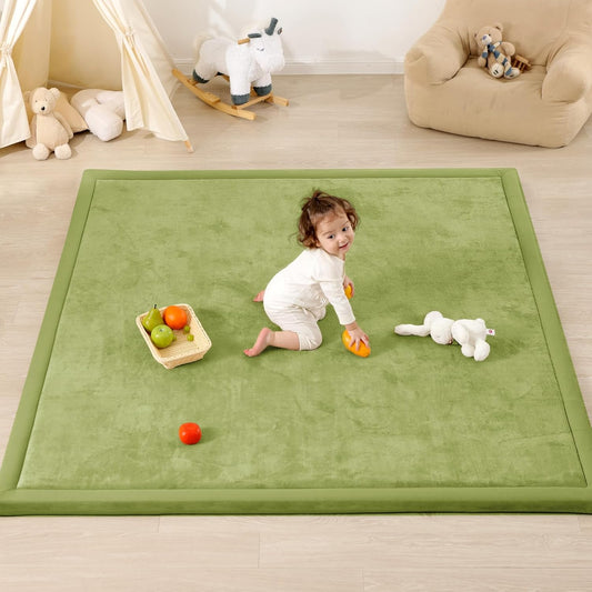 1.3" Thick Baby Play Mat for Floor, 39x59 Foam Tummy Time Mat, Padded Support Soft Plush Nursery Rug for Infant Kids Toddler Crawling Kick Activity (Olive Green)