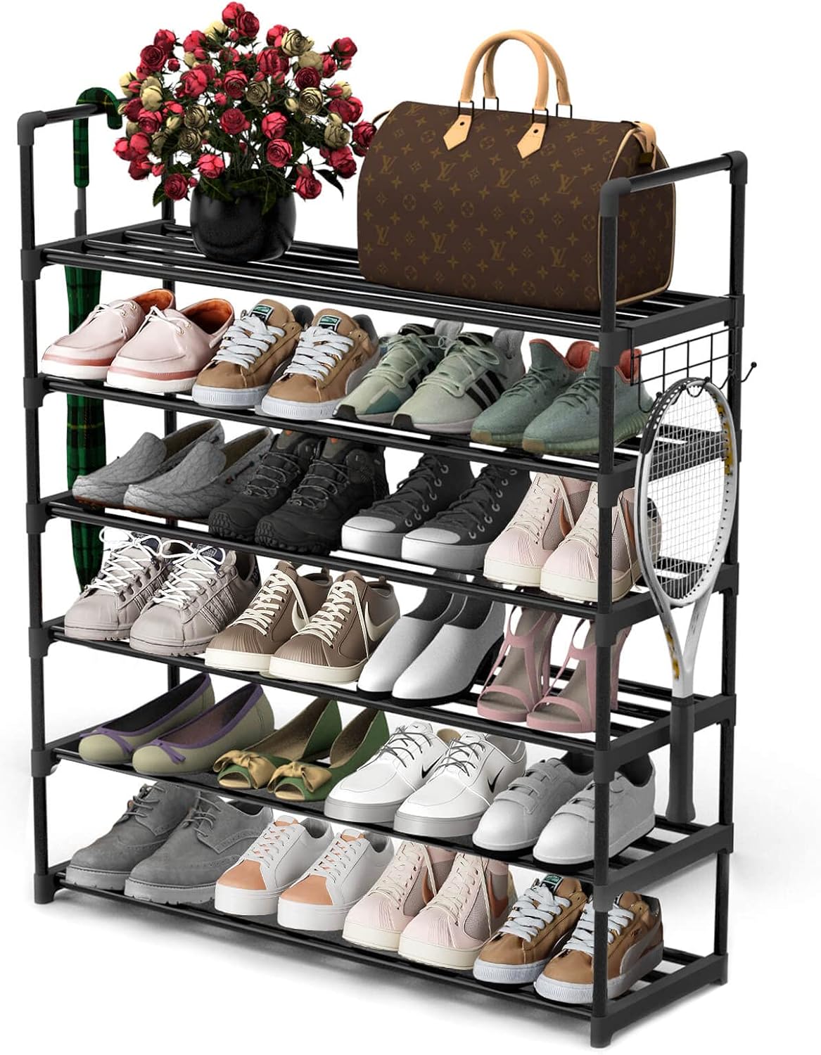6 Tiers Metal Shoe Rack,Adjustable Shoe Shelf Storage Organizer with Hooks,Stackable Boot & Shoe Storage,for Entryway,Hallway,Closet,Black