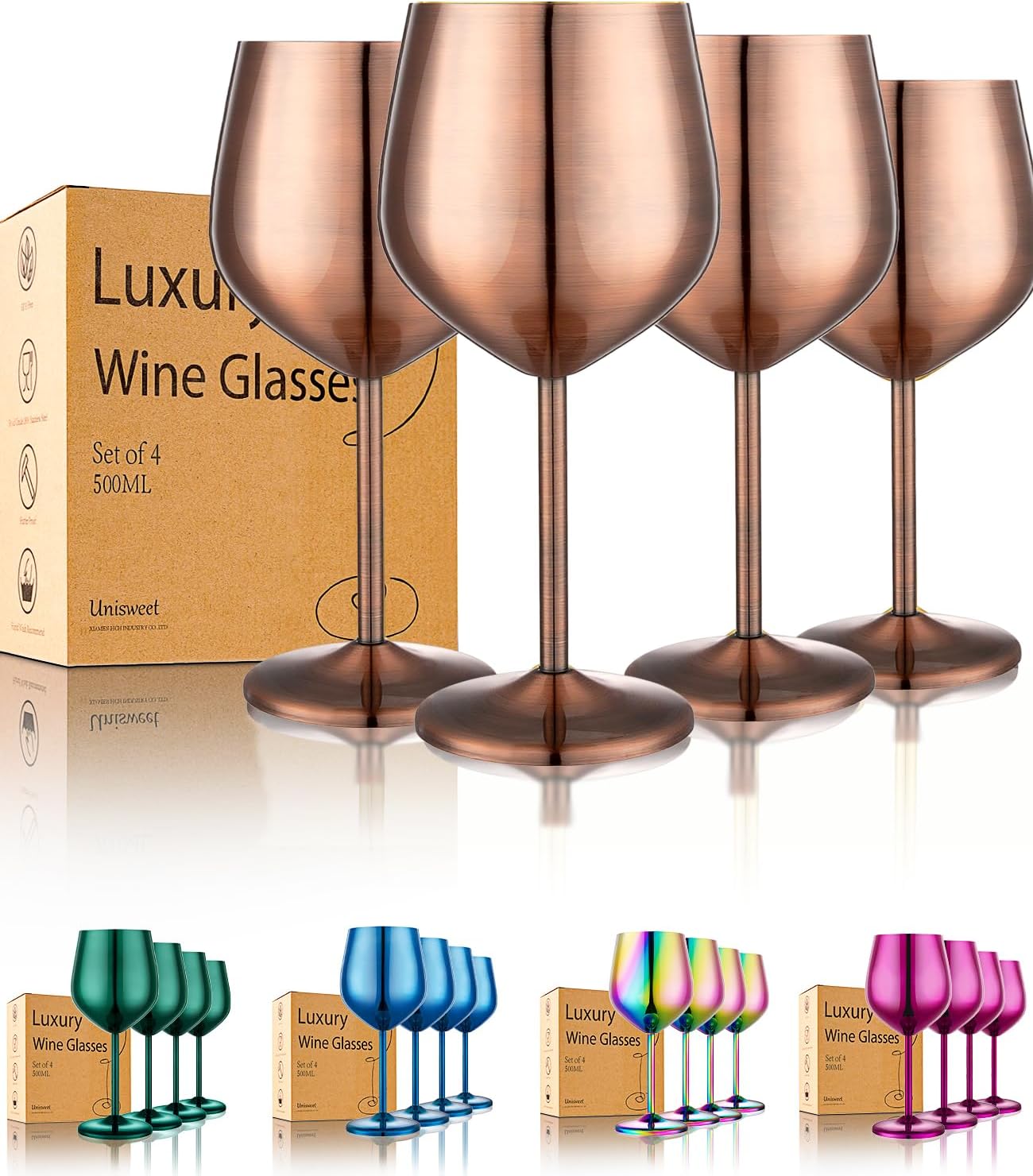 Stainless Steel Wine Glasses Set of 4 Unbreakable Wine Glass 18 oz Unique Metal Wine Goblets for Outdoor, Travel, Camping, Pool, Ideal Gift for Wine Lovers (Red Copper)