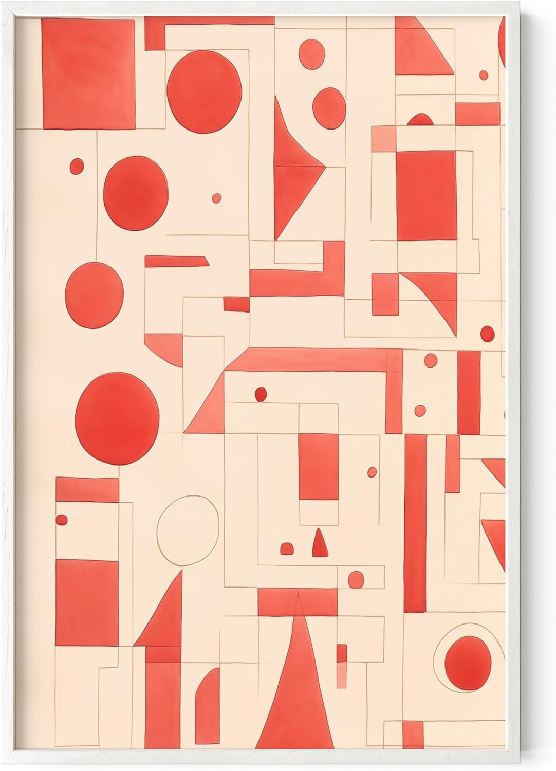 HAUS AND HUES Colorful Abstract Wall Art - Minimalist Retro Picture for Living Room Decor, Red and Pink Modern Wall Art Painting (Red Geometric, White Frame, 24x36)