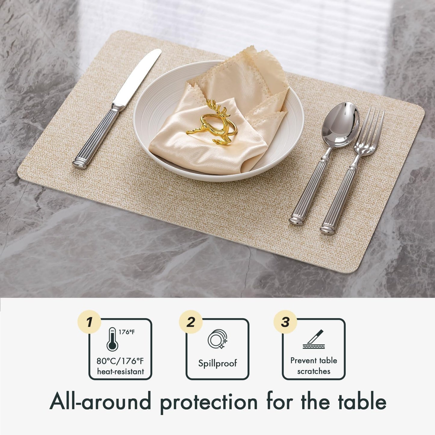 Faux Leather Placemats Set of 6 Vinyl Washable Wipeable Table Mats for Kitchen Dining Table Heat Resistant Waterproof Modern Indoor/Outdoor Placemats Non-Slip Easy Clean Place Mats (Beige)