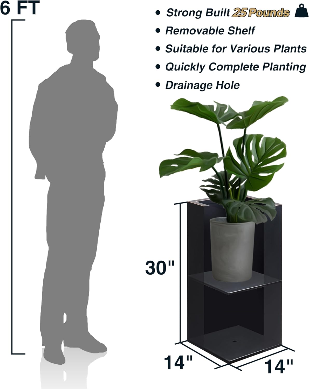 Wallowa Metallic Heavy Planter for Outdoor Plants, 14Lx14Wx30H Inches, Tall Metal Planter Box with Hand Brushed Gold Edge for Outside & Indoor, 25 Pounds, No Assembly and Seamless, Set of 2 (Black)