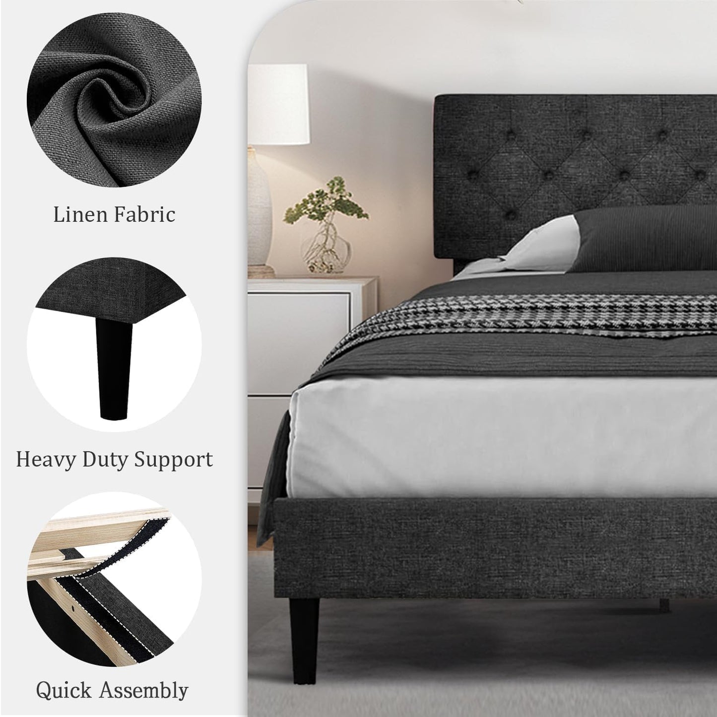HOMBCK King Size Bed Frame Black, Linen Fabric Upholstered Bed Frame King and Headboard, Wood Slats Support, Button Tufted Design, No Box Spring Needed, Dark Grey