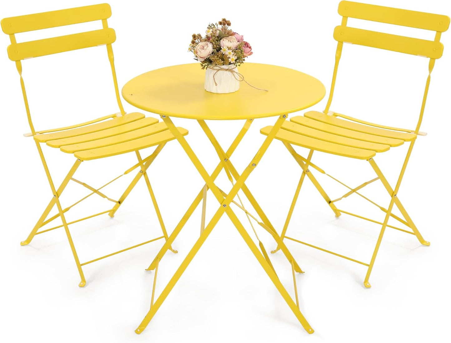 Kromax Outdoor 3 Piece Patio Bistro Set, Folding Bistro Table and 2 Folding Chairs, Patio Conversation Furniture Set, Space Saving, Yellow