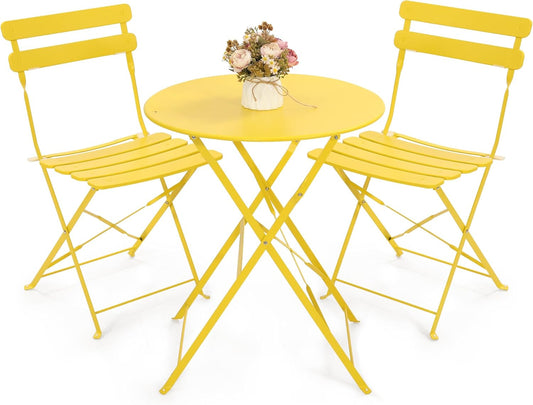 Kromax Outdoor 3 Piece Patio Bistro Set, Folding Bistro Table and 2 Folding Chairs, Patio Conversation Furniture Set, Space Saving, Yellow
