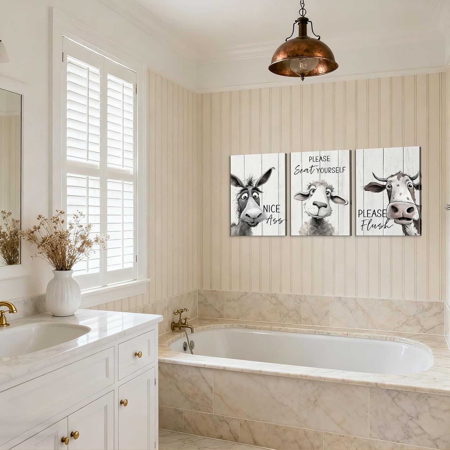 Mistyefly Funny Bathroom Quote Canvas Wall Art with Built-in Wooden Frame - Funny Animal Wall Art & Cow Sheep Donkey Pictures for Bathroom - Lightweight, Ready to Hang, 24x36x3 Inches