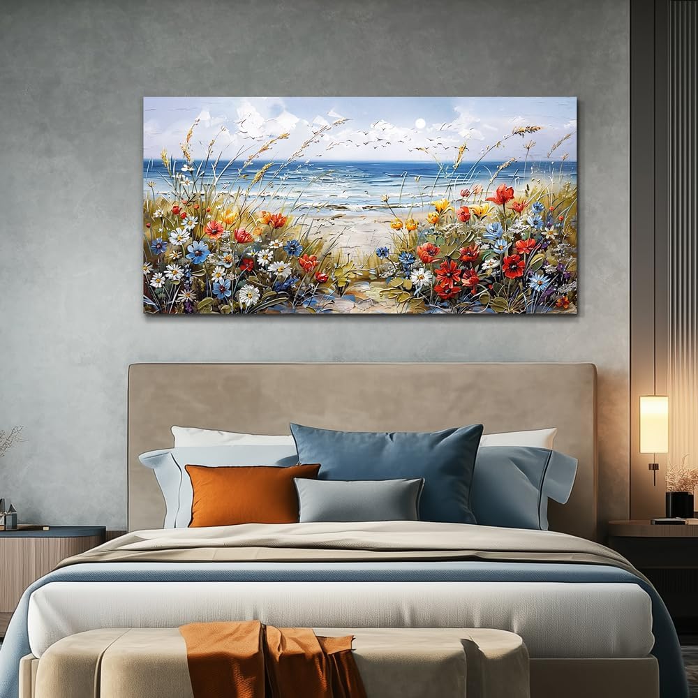 MHARTK66 Canvas Wall Art For Living Room Farmhouse Bedroom Wall Painting Blue Beach Ocean Pictures Office Photos Watercolor Wall Decor Flowers Nature Artwork For Walls Modern Home Decorations