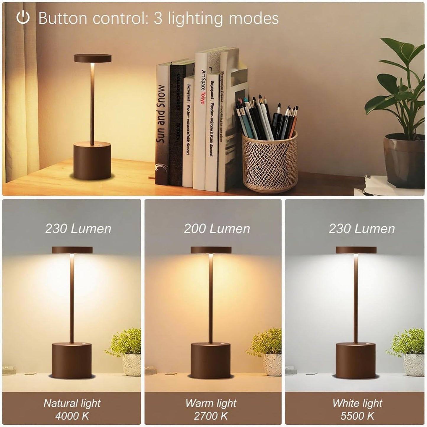 2 Pack Cordless Rechargeable Table Lamp, 3 Color Temperature & Dimmable, IP54 Waterproof Battery Operated Portable LED Light for Outdoor, Patio, Restaurant, Bedside, Shower (Mocha)