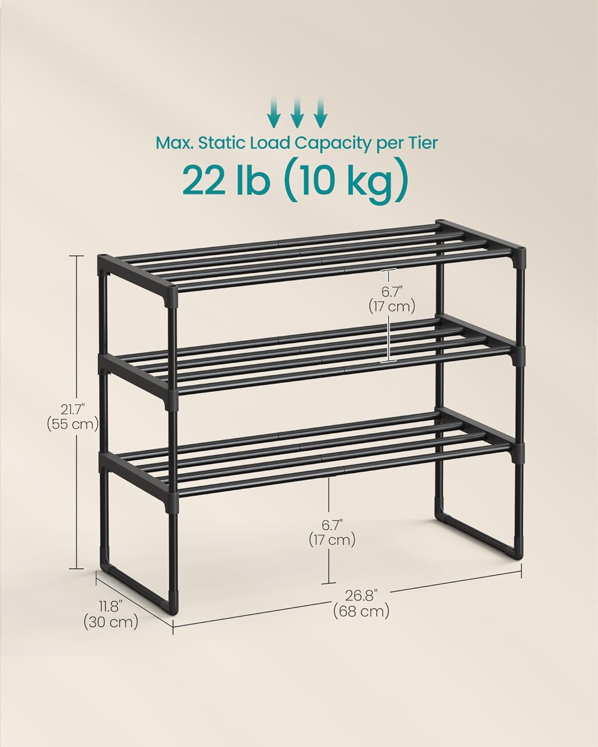 SONGMICS Shoe Rack, 3-Tier Shoe Organizer, Metal Storage Shelf, Upright or Upside Down, for 8-12 Pairs, Stackable, for Entryway, 11.8 x 26.8 x 21.7 Inches, Black ULSA203B01