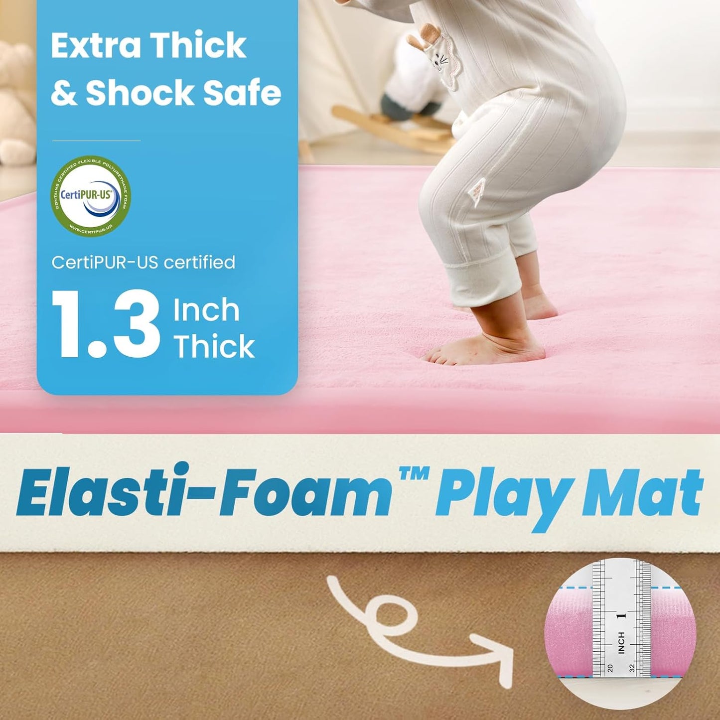 1.3" Thick Baby Play Mat for Floor Playpen, 50x50 Foam Tummy Time Mat, Padded Support Soft Plush Nursery Rug for Infant Kids Toddler Crawling Kick Activity (Pink)