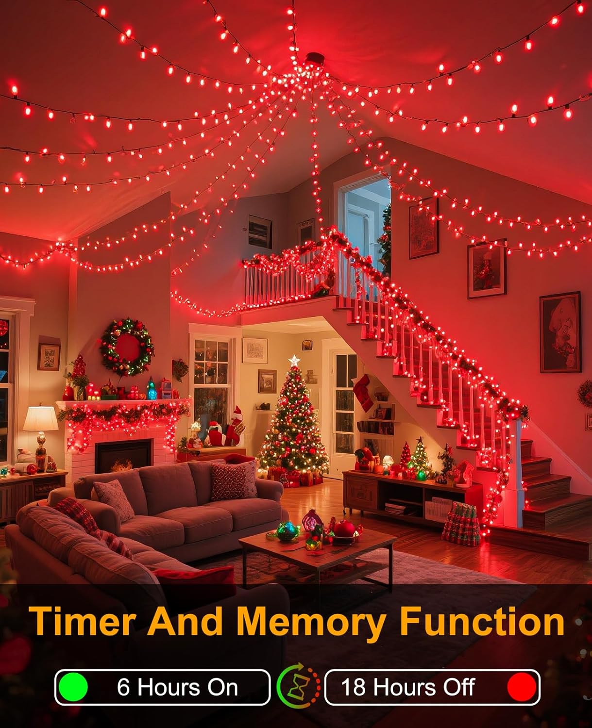 Christmas Lights Outdoor 40Ft 120 LED, Green Wire Christmas Tree Lights for Indoor Waterproof, 8 Modes & Timer, Connectable String Light for Bedroom Yard Party Wedding Decorations, Red