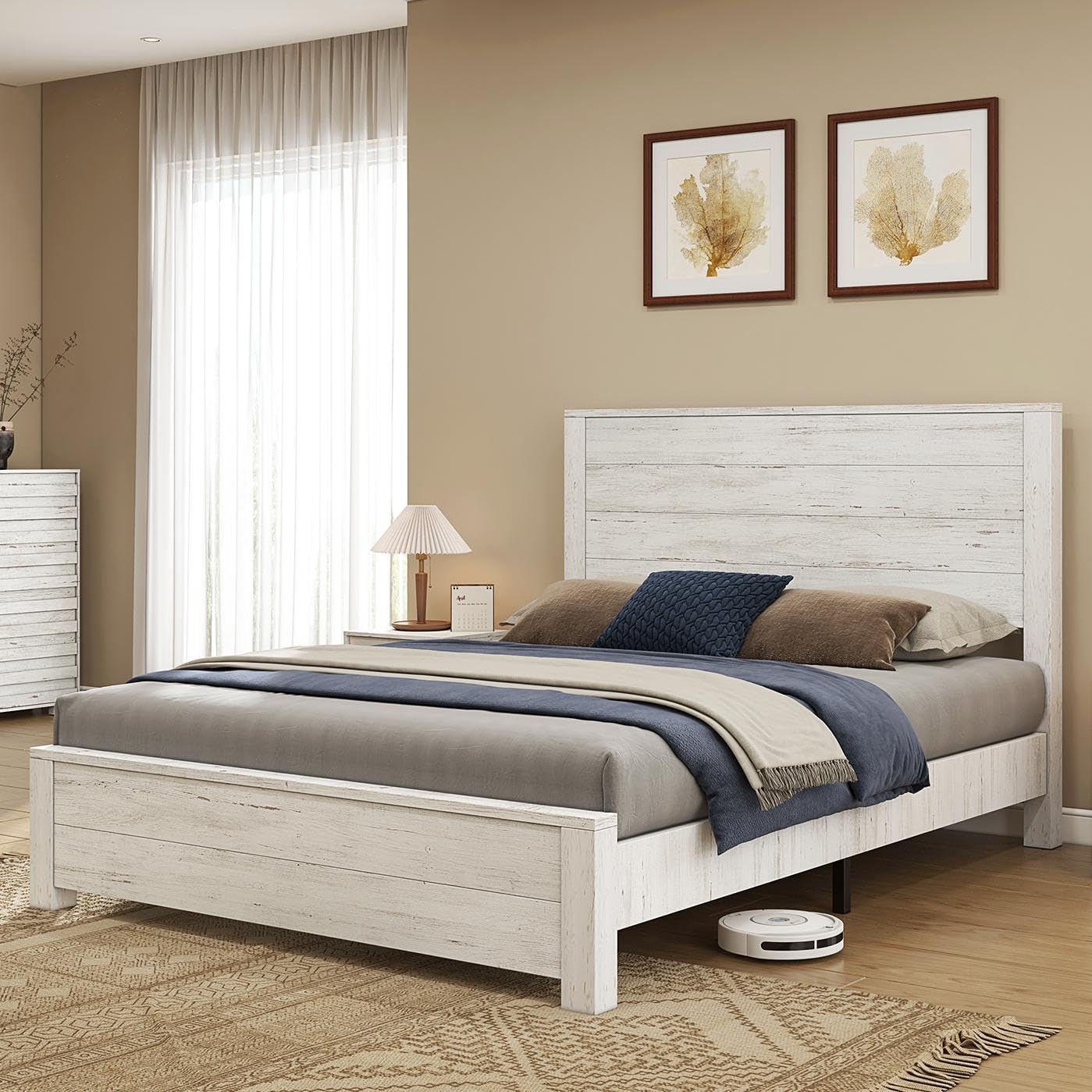 51.2" H Wood Bed Frame with Headboard, Platform Bed Frame Queen Size with Wooden Slat Support, No Box Spring Needed/Easy Assembly, Rustic Pine, Distressed White